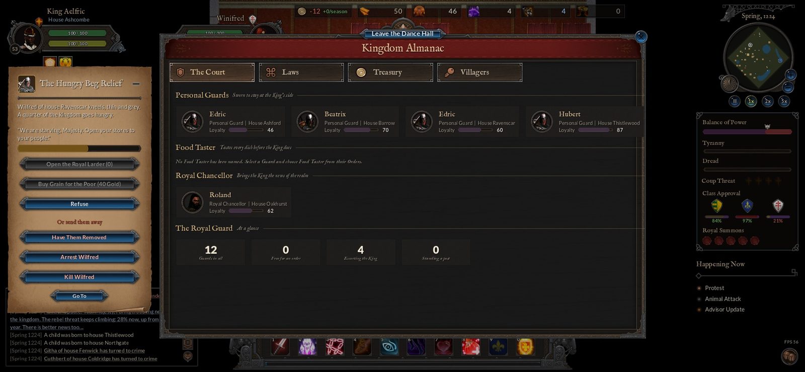 The Kingdom Almanac's Court tab listing Personal Guards, the Food Taster and the Royal Chancellor