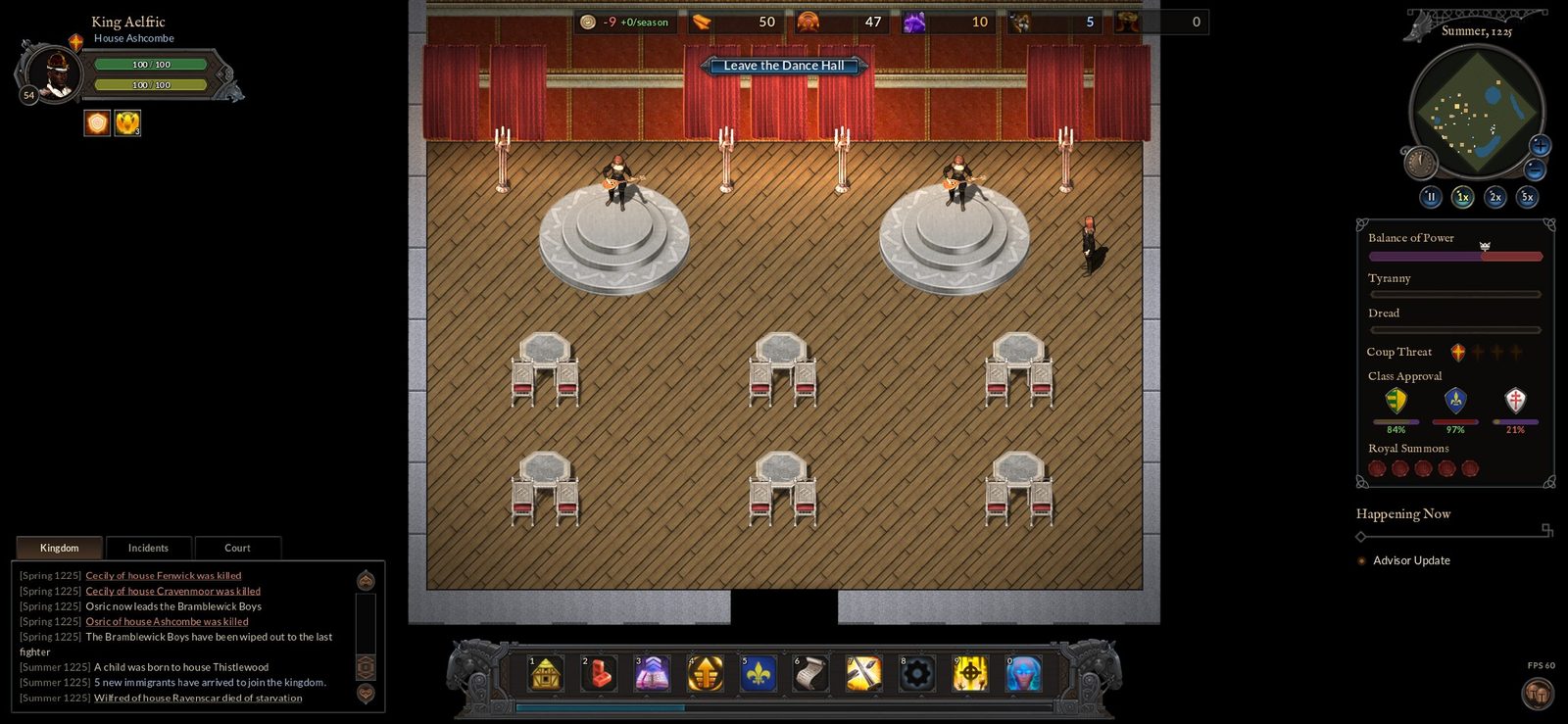 Inside the Dance Hall: two Songstresses playing lutes on their round stages above the tables