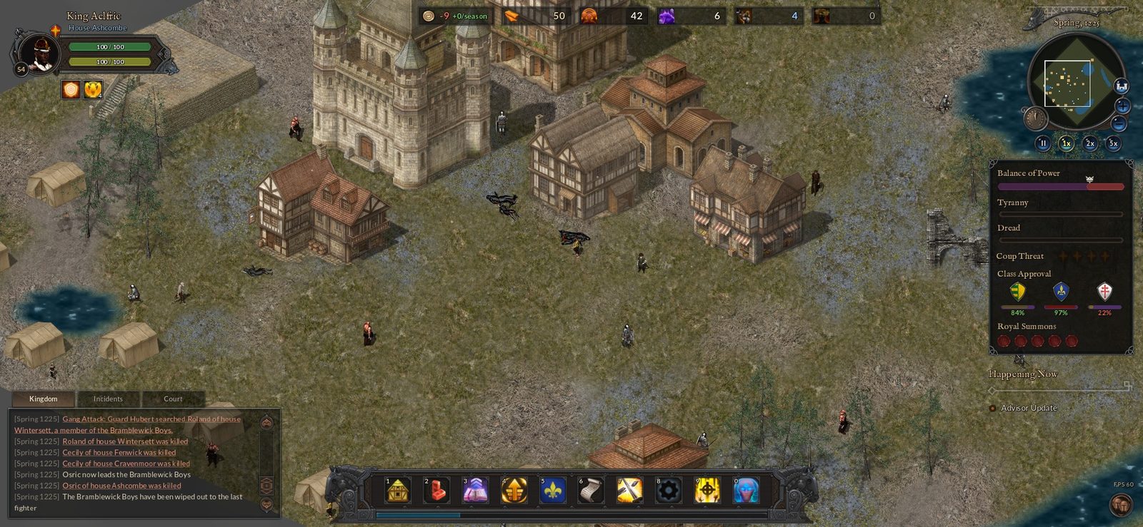 Bodies in the square after a gang fight, with the event log reporting that the Bramblewick Boys have been wiped out to the last fighter