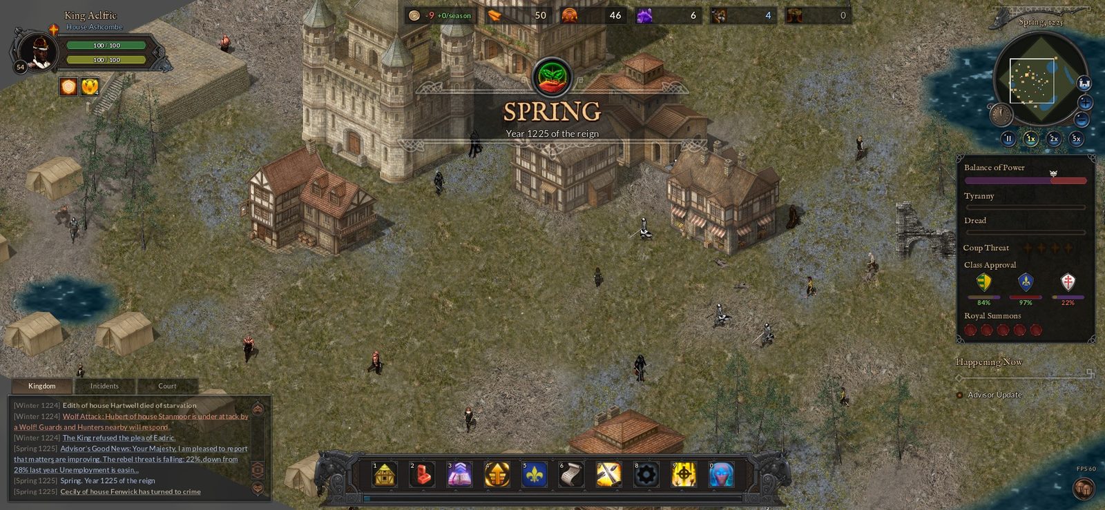 Spring arrives over the kingdom with a season banner, Guards on patrol and villagers heading to work