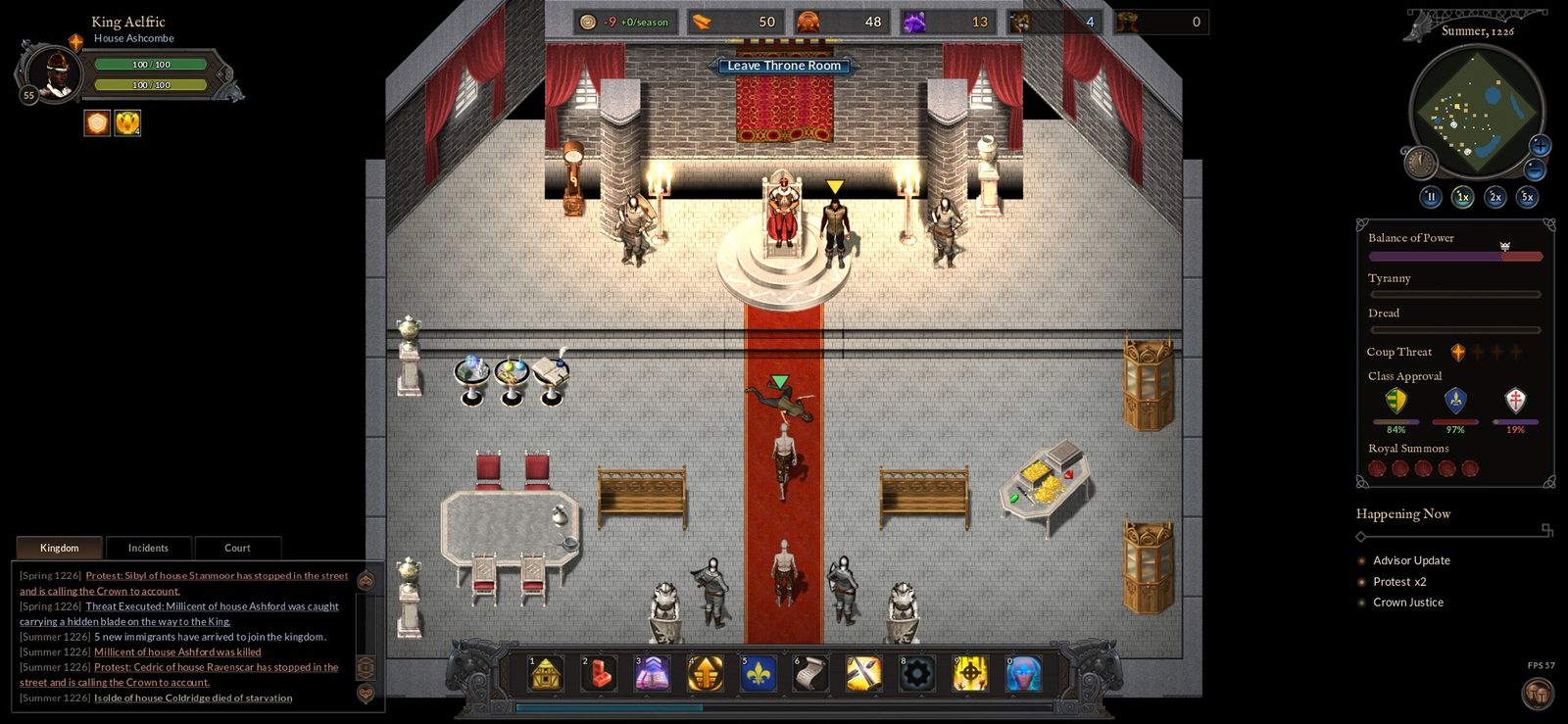 The throne room: the King on his throne flanked by Guards, petitioners walking up the red carpet